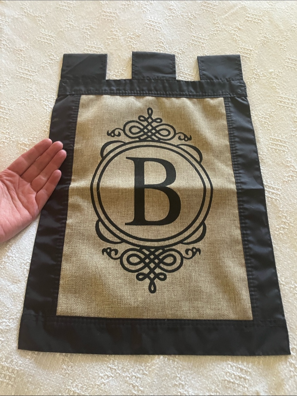 Monogram B Tab-Top Burlap Accent Flag in Brown - Picture 2 of 3
